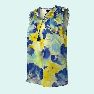 New Directions Petite PL Floral Smocked Sleeveless Blouse Top Yellow Blue Green